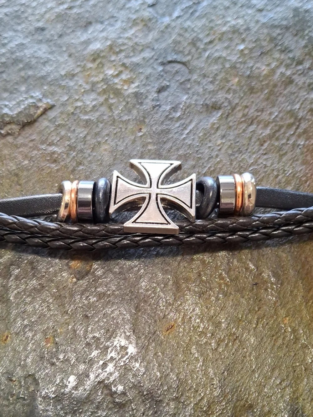 Black Leather Independent Cross with Metal Beads
